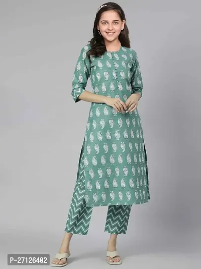 Alluring Green Cotton Blend Printed Stitched Salwar Suit Sets For Girls-thumb0