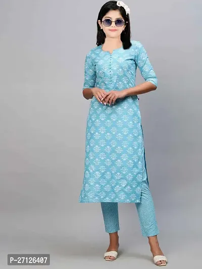 Alluring Blue Cotton Blend Printed Stitched Salwar Suit Sets For Girls-thumb0