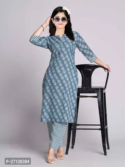 Alluring Blue Cotton Blend Printed Stitched Salwar Suit Sets For Girls-thumb0