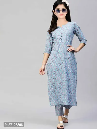 Alluring Blue Cotton Blend Printed Stitched Salwar Suit Sets For Girls