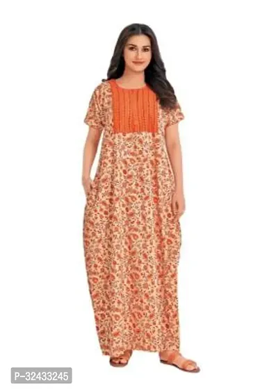 Stylish Orange Cotton Printed Nighty For Women