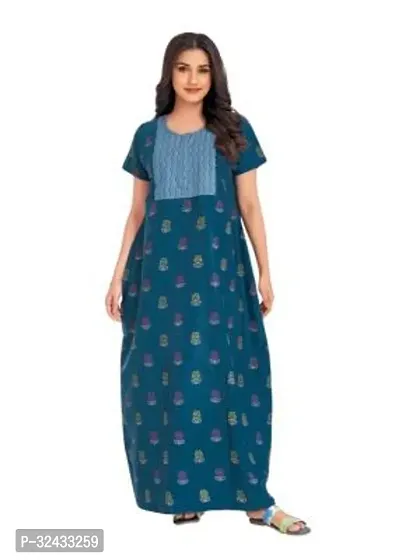 Stylish Blue Cotton Printed Nighty For Women-thumb0