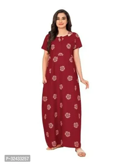 Stylish Red Cotton Printed Nighty For Women