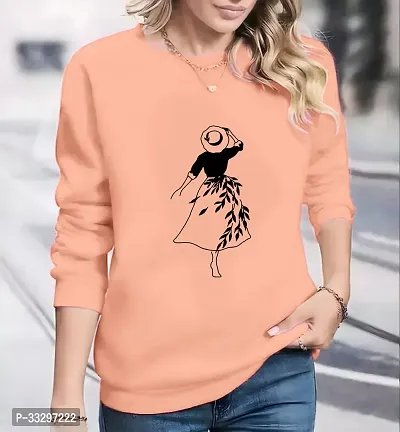 Stylish Peach Polycotton Printed Long Sleeves Round Neck Tees For Women-thumb0