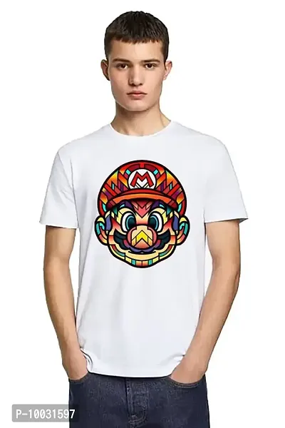 VLAM Regular Fit Cartoon Printed Mario Unisex Tshirt White