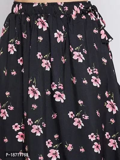 The Pajama Factory Flared Crepe Skirts - Free Size (Black with Pink Flower)-thumb3