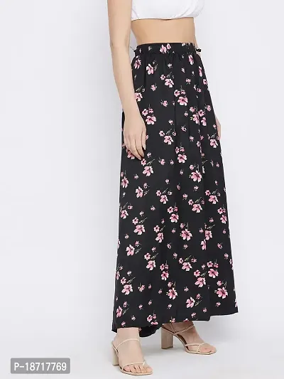 The Pajama Factory Flared Crepe Skirts - Free Size (Black with Pink Flower)-thumb5