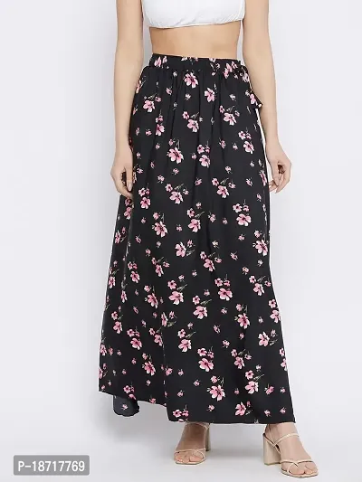 The Pajama Factory Flared Crepe Skirts - Free Size (Black with Pink Flower)-thumb0