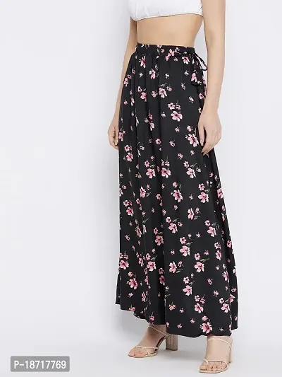 The Pajama Factory Flared Crepe Skirts - Free Size (Black with Pink Flower)-thumb4