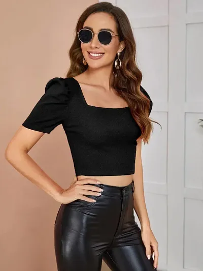 Womens Solid Puff Sleeve Crop Top