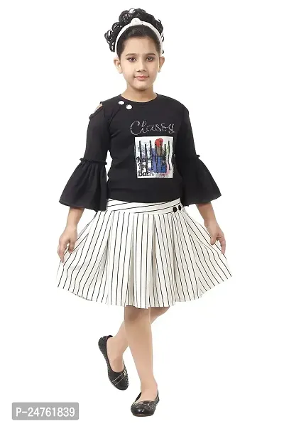 KJD Cotton Blend Classy Printed Festive Top and Skirt Dress for Girl (Color: Black  White)-thumb0