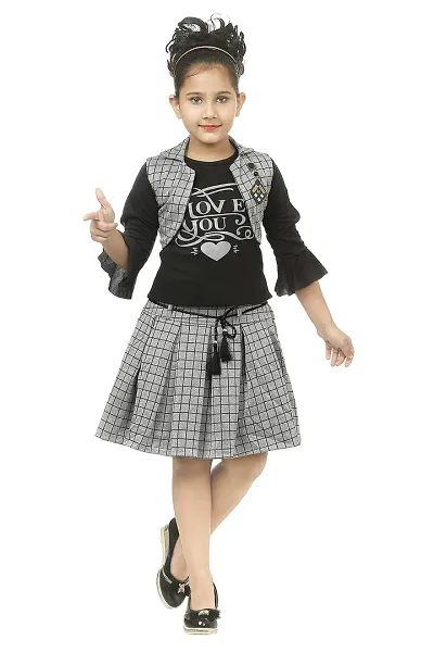 KJD Cotton Skirt Top with Jacket Casual Wear Dress for Baby Girls