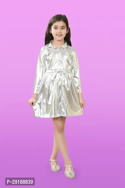 Fabulous Silver Blended Solid A-Line Dress For Girls-thumb5