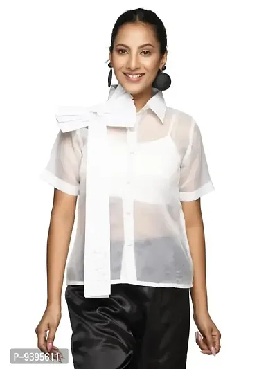 RANJ Shirt Top Having Plaket and Fabric Button, with A Bow and Tie Up On One Shoulder and Crochet Embroidered Motif and Bow-thumb0