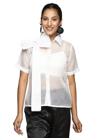 RANJ Shirt Top Having Plaket and Fabric Button, with A Bow and Tie Up On One Shoulder and Crochet Embroidered Motif and Bow