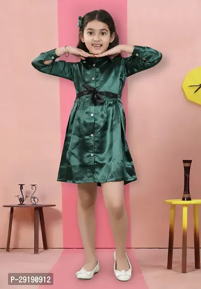 Fabulous Green Satin Solid A-Line Dress For Girls