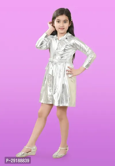 Fabulous Silver Blended Solid A-Line Dress For Girls-thumb3