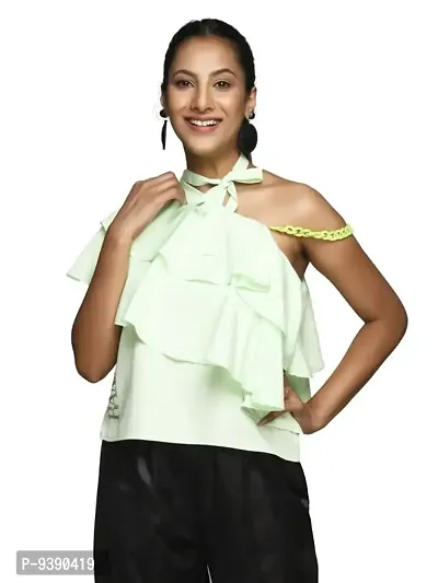 One Shoulder Top Having Double Layer Ruffle with A Loop with A Tie Up at The One Shoulder.