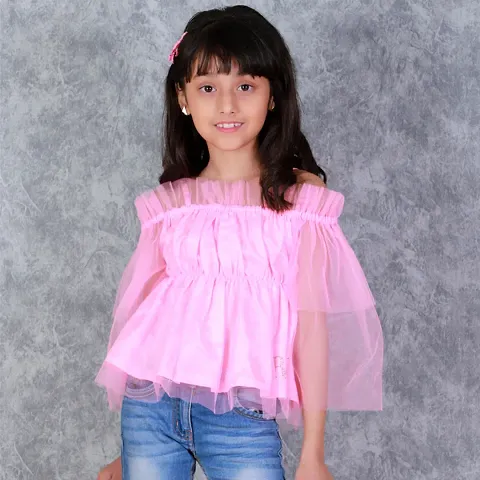 Kids Top(Off Shoulder Top Having Elasticated Ruffles at the Upper and Bell Sleeve.