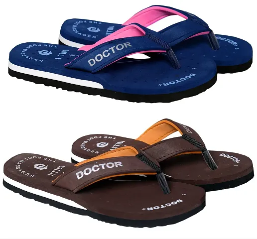 DOLLIT Women's Ortho Care Orthopaedic and Diabetic Super Comfort Dr Sliders Flipflops and House Slippers for Women?s and Girl?s (Blue brown, numeric_4)