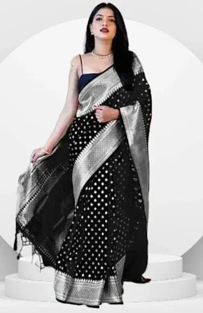 ROBES NEW ARRIVAL Women's Solid LITCHI SILK 5.5 Meter Saree with Unstitched Blouse Piece (BLACK