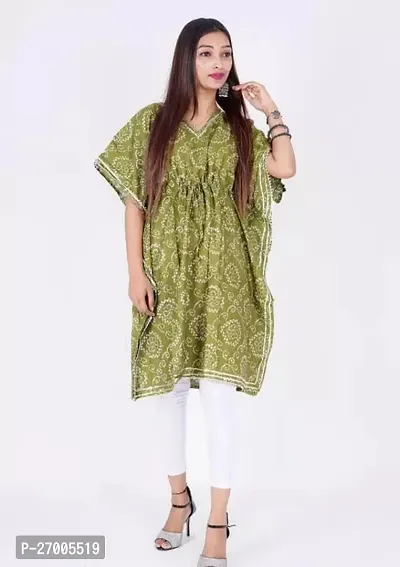 Pretty Green Printed Cotton Kaftan Kurta For Women