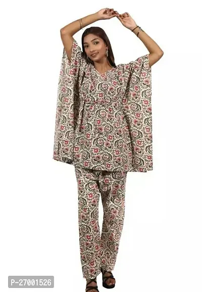 Contemporary Beige Cotton Printed Kaftan Co-Ords Sets For Women