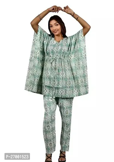 Contemporary Green Cotton Printed Kaftan Co-Ords Sets For Women