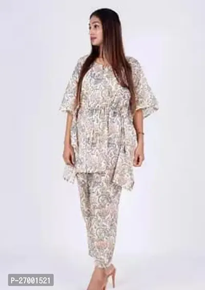 Contemporary White Cotton Printed Kaftan Co-Ords Sets For Women-thumb0