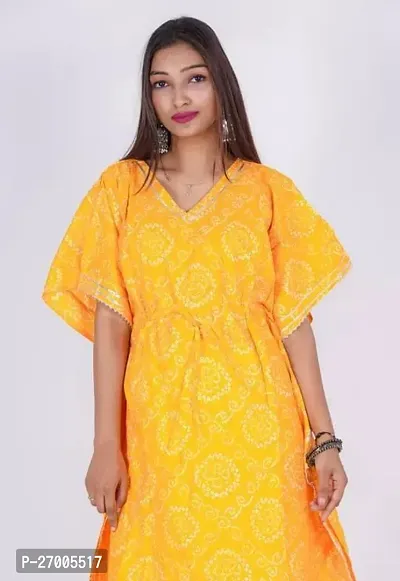 Pretty Yellow Printed Cotton Kaftan Kurta For Women