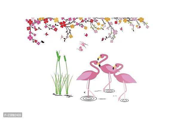 Psychedelic Collection Flemingo Birds in Water with Flower Branch Design Decorative PVC Vinyl Wall Sticker (Multicolor, 83 cm X 121 cm)