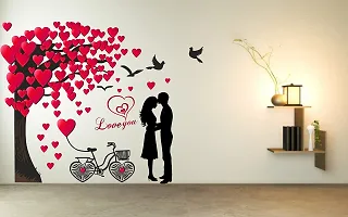 Sudarshan Sticker Romantic Couple Under The Heart Leaves Tree and Love Quote with Bicycle' Vinyl Wall Sticker (77 cm X 96 cm)-thumb1