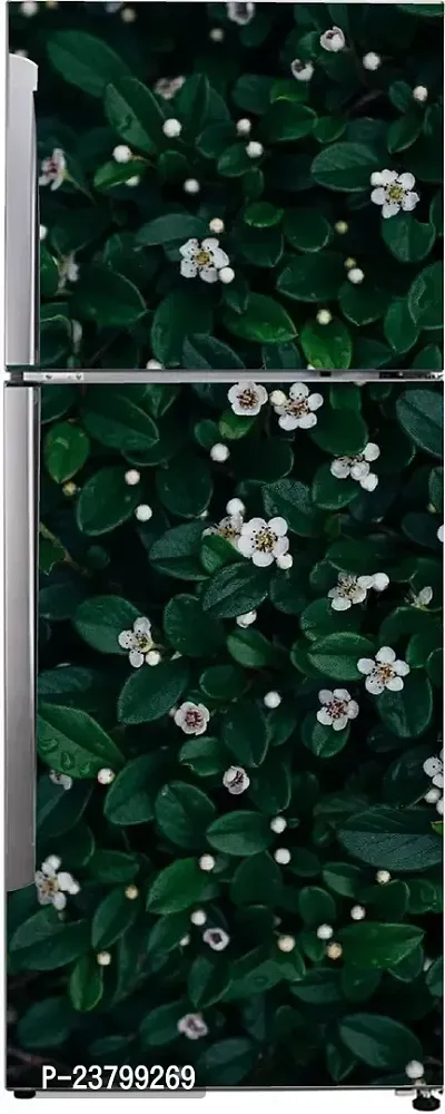 Psychedelic Collection Abstract Decorative Green Leaves Beautiful White Flowers Extra lardge Fridge Sticker for Fridge Decor (PVC Vinyl Multicolor)-thumb2