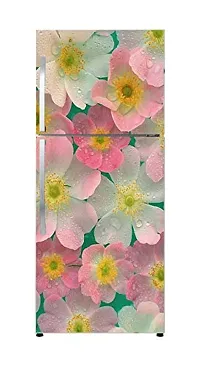 Psychedelic Collection abstract sky blue background pink  off white decorative flowewrs extra large fridge sticker Double Single Door Decorative Fridge Sticker (PVC Vinyl, Multicolor, 60 cm X 160 cm)-thumb3