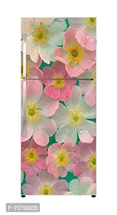 Psychedelic Collection abstract sky blue background pink  off white decorative flowewrs extra large fridge sticker Double Single Door Decorative Fridge Sticker (PVC Vinyl, Multicolor, 60 cm X 160 cm)-thumb4