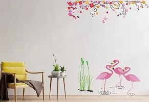 Psychedelic Collection Flemingo Birds in Water with Flower Branch Design Decorative PVC Vinyl Wall Sticker (Multicolor, 83 cm X 121 cm)-thumb1