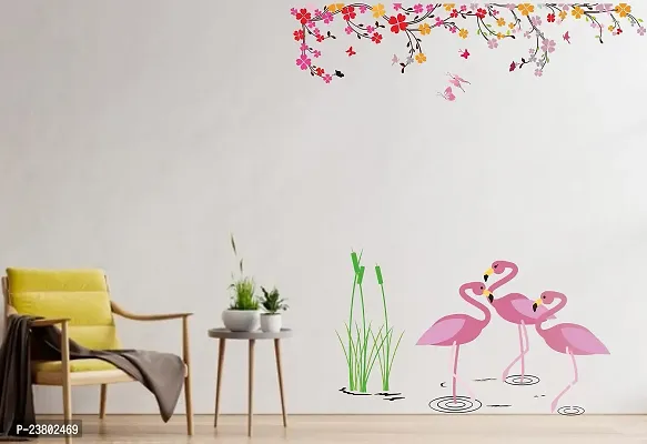 Psychedelic Collection Flemingo Birds in Water with Flower Branch Design Decorative PVC Vinyl Wall Sticker (Multicolor, 83 cm X 121 cm)-thumb2