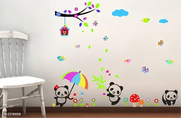 Psychedelic Collection Playing Pandas buteerflyes Bird House Bird Sitting on Tree PVC Vinyl Multicolor Decorative Wall Sticker for Wall Decoration Size : 117 cm X 142 cm-thumb2