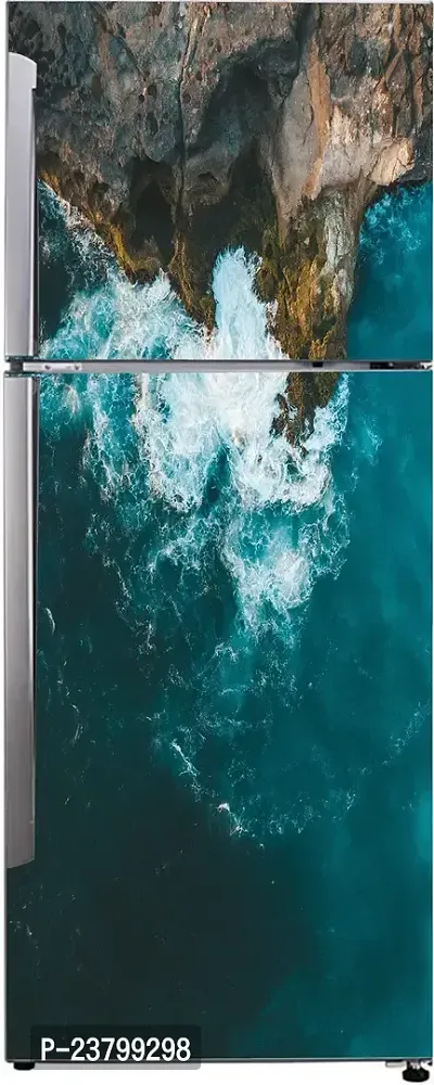 Psychedelic Collection Decorative Blue sea and Mountain Wallpaper Sticker for Fridge Decor Double Single Door Decorative Fridge Sticker (PVC Vinyl, Multicolor, 60 cm X 160 cm)