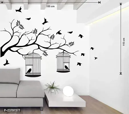 Wallstick ' Tree with Birds and Cages ' Wall Sticker (Vinyl, 115 cm x 155 cm, Black)-thumb3