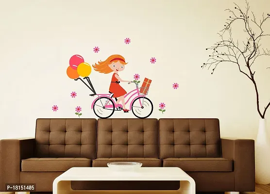 Trendy Beautiful Cute Girl On Bicycle Decorative Wall Sticker (Pvc Vinyl, Multicolor, W 91 Cm X H 60 Cm)-thumb2