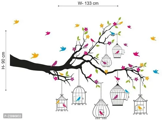 Psychedelic Collection 'Branches with Flowers and Birds Cages' Wall Sticker (PVC Vinyl, 50 cm x 70 cm),Multicolour-thumb2