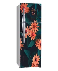 Psychedelic Collection Beautiful Orange Colour Flower with Leaves Decorative Fridge Decor Sticker for Kitchen (PVC Vinyl Multicolor)-thumb1