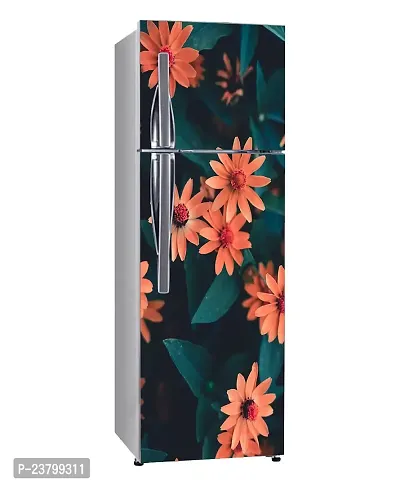 Psychedelic Collection Beautiful Orange Colour Flower with Leaves Decorative Fridge Decor Sticker for Kitchen (PVC Vinyl Multicolor)-thumb2