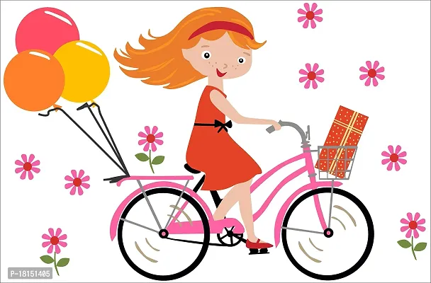 Trendy Beautiful Cute Girl On Bicycle Decorative Wall Sticker (Pvc Vinyl, Multicolor, W 91 Cm X H 60 Cm)-thumb0