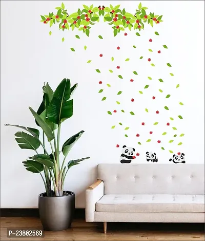 Psychedelic Collection Decorative Baby Pandas Playing Tree Bangles Leaves Decorative Wall Sticker (PVC Vinyl, Multicolor, W 91 cm X H 51 cm)-thumb4