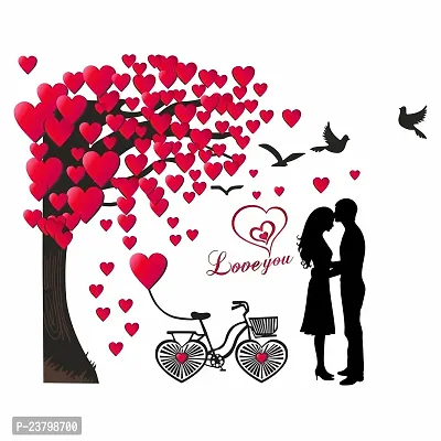 Sudarshan Sticker Romantic Couple Under The Heart Leaves Tree and Love Quote with Bicycle' Vinyl Wall Sticker (77 cm X 96 cm)-thumb3