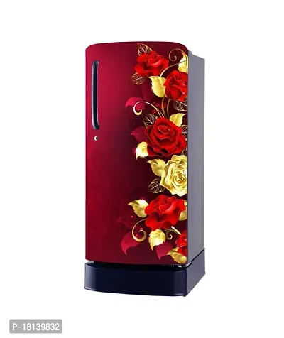 Trendy Beautifull Red And Golden Flower Decorative Fridge Sticker (Multicolor Vinyl 120X60)