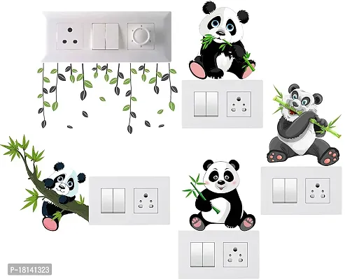 Trendy Decorative Small Switch Penal/Board Decor Wall Sticker Of Floral Branch, Panda Eating Bamboo, Hanging On Branch Of Tree Funny Pandas Decal-thumb0