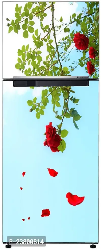 Psychedelic Collection Decorative Beautiful red Flower with Falling Leaf Extra Large Sticker for Fridge Sticker Double Single Door Decorative Fridge Sticker (PVC Vinyl, Multicolor, 60 cm X 160 cm)-thumb3